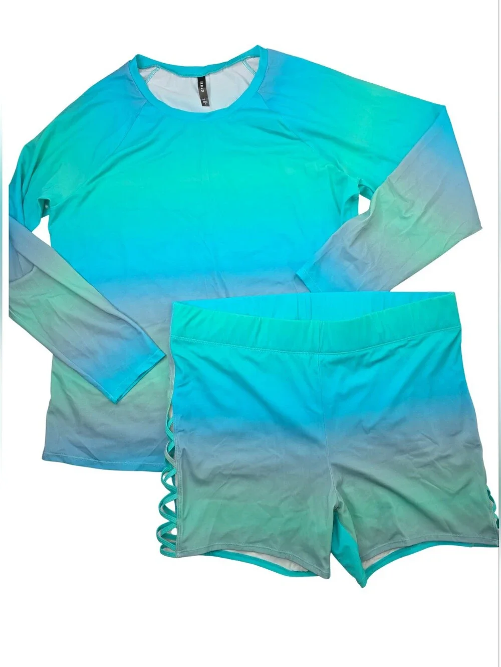 Torrid Set Aqua Seaside Gradient Rash Guard + Lattice-Side Swim Shorts 3731-CU